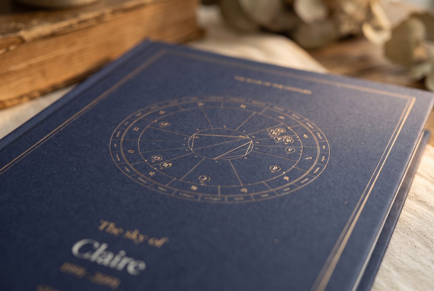 Close-up of the deep-navy cover and its fine gold celestial chart.